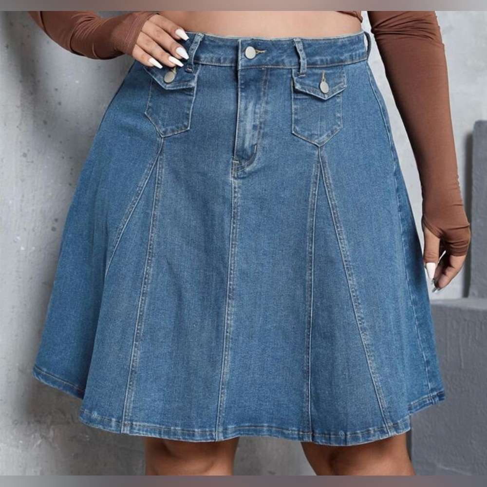 NEW Plus 4 XL High Waist Flap Detail Denim Skirt